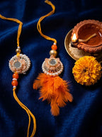 NVR Set of 4 Yellow Artificial Beads & White Pearls Bhaiya Bhabhi Rakhi With Roli Chawal | Grocsy