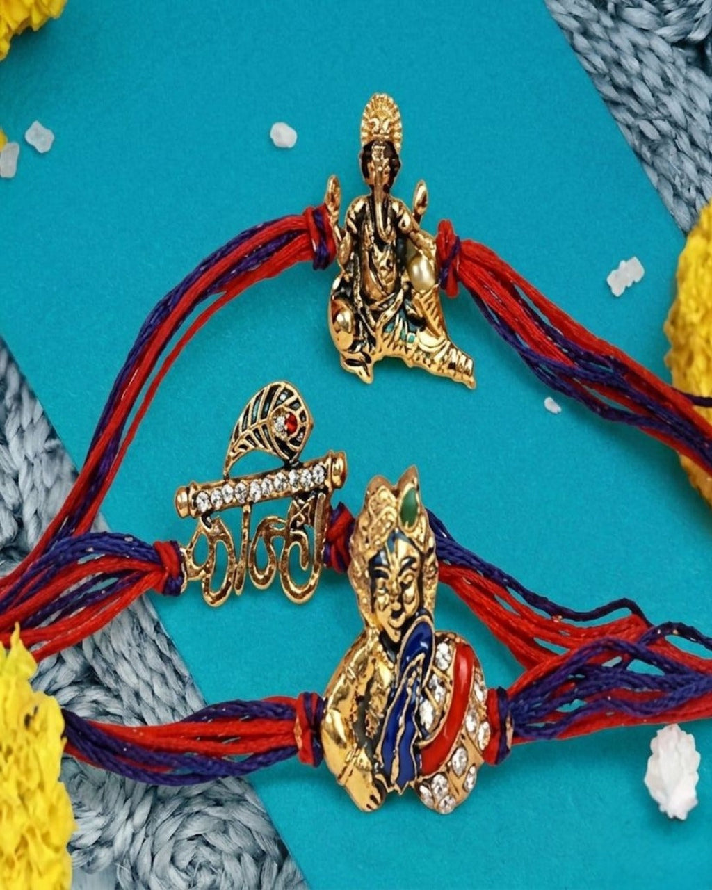 NVR Set of 3 Multicolor Religious Thread Rakhi with Roli Chawal Chandan Mishri | Grocsy