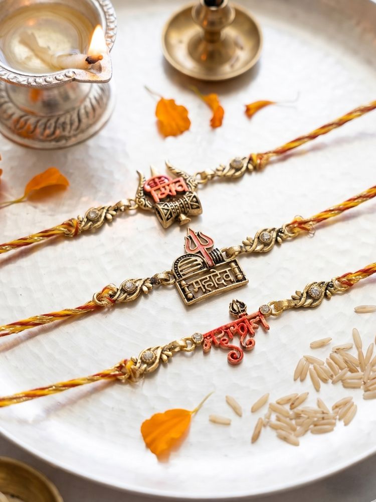 NVR Set of 3 Multicolor Mahadev Divine Thread Rakhi with Roli Chawal Chandan Mishri | Grocsy