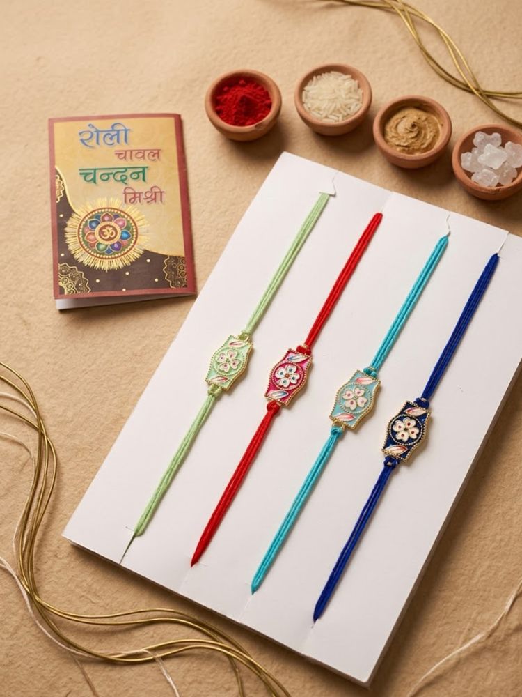 NVR Set of 4 Multicolor Heart Shape Thread Rakhi with Roli Chawal Chandan Mishri | Grocsy