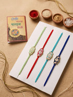 NVR Set of 4 Multicolor Heart Shape Thread Rakhi with Roli Chawal Chandan Mishri | Grocsy