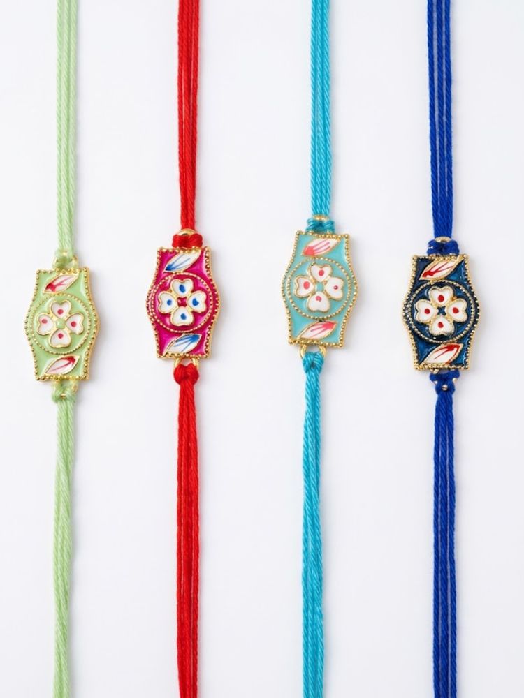 NVR Set of 4 Multicolor Heart Shape Thread Rakhi with Roli Chawal Chandan Mishri | Grocsy