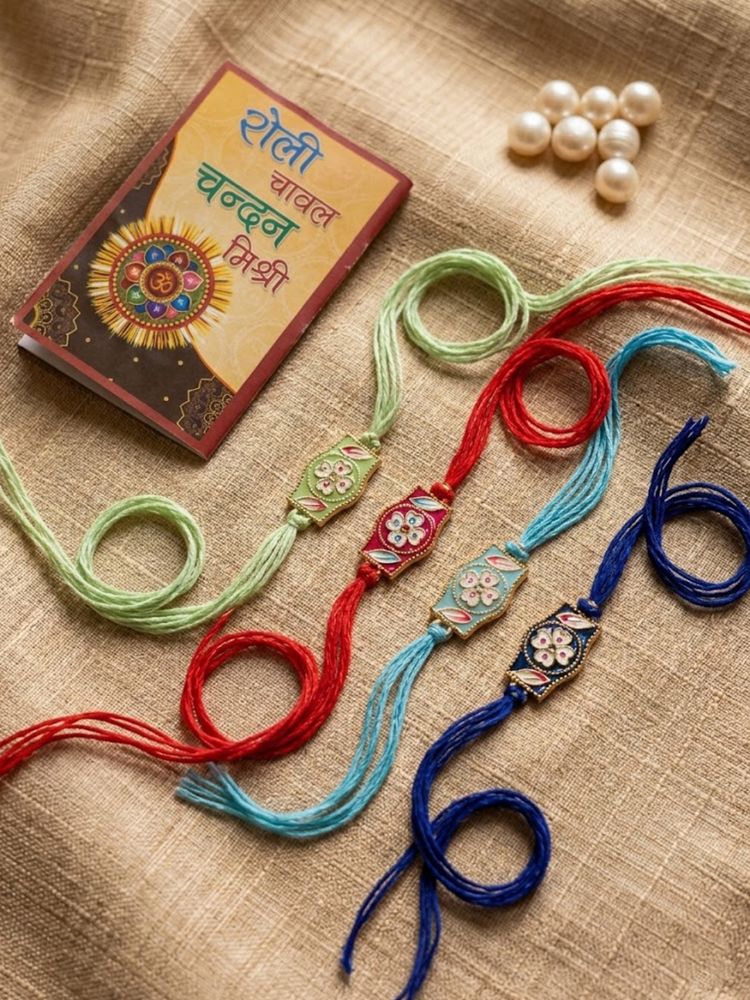 NVR Set of 4 Multicolor Heart Shape Thread Rakhi with Roli Chawal Chandan Mishri | Grocsy