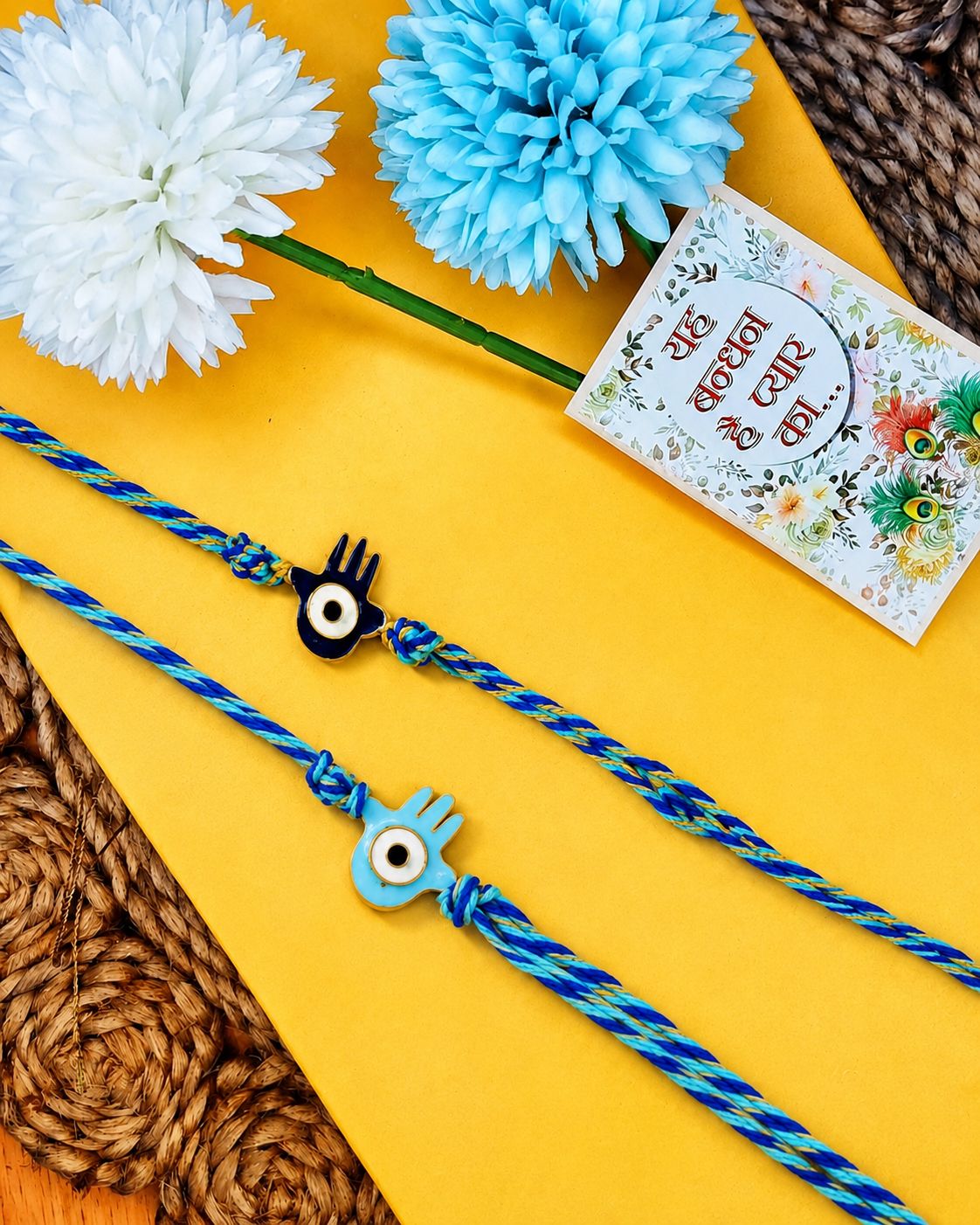 NVR Set of 2 Evil Eye & Blue Thread Rakhi with Roli Chawal Chandan Mishri | Grocsy