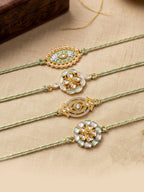 NVR Set of 4 White Artificial Stones & Green Thread Rakhi with Roli Chawal Chandan Mishri | Grocsy