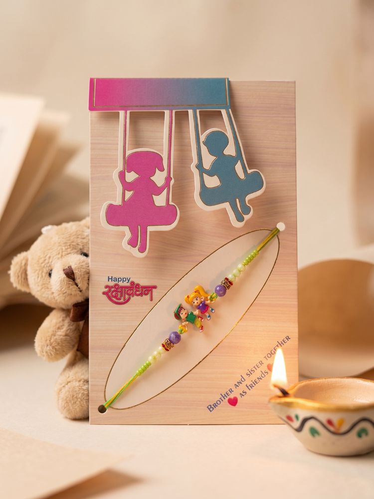 NVR Kids Multicolor Artificial Beads Thread Rakhi with Roli Chawal Chandan Chandan Mishri | Grocsy