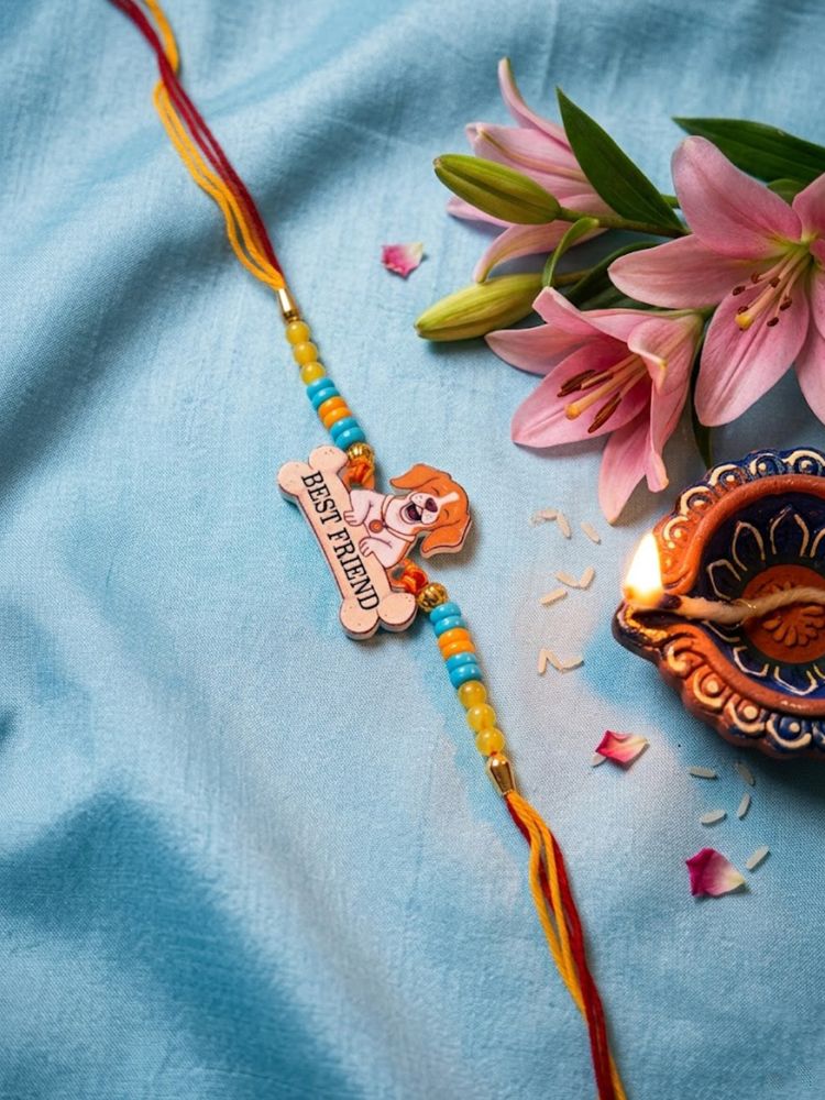 NVR Stylish Artificial Beads Kids Thread Rakhi with Roli Chawal Chandan Mishri | Grocsy