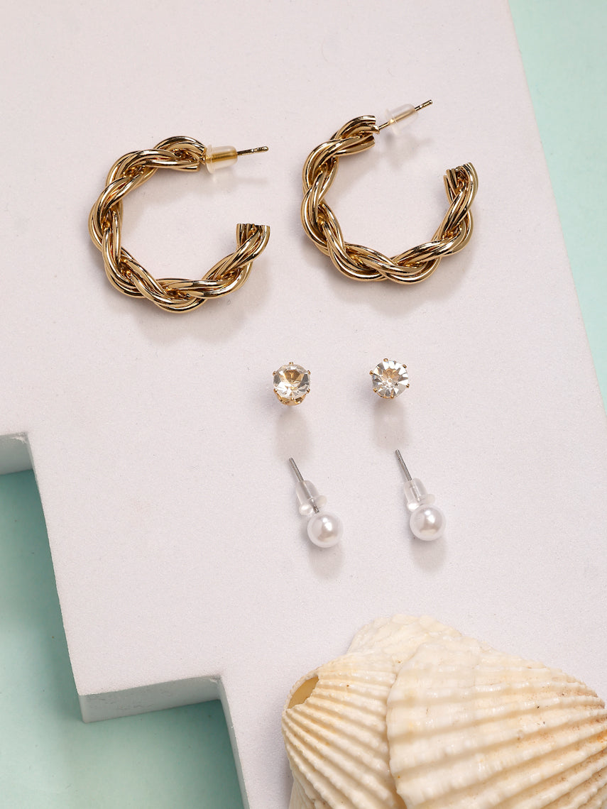NVR Women's Set of 3 Gold-Polished Artificial Stones Half Hoop Earrings