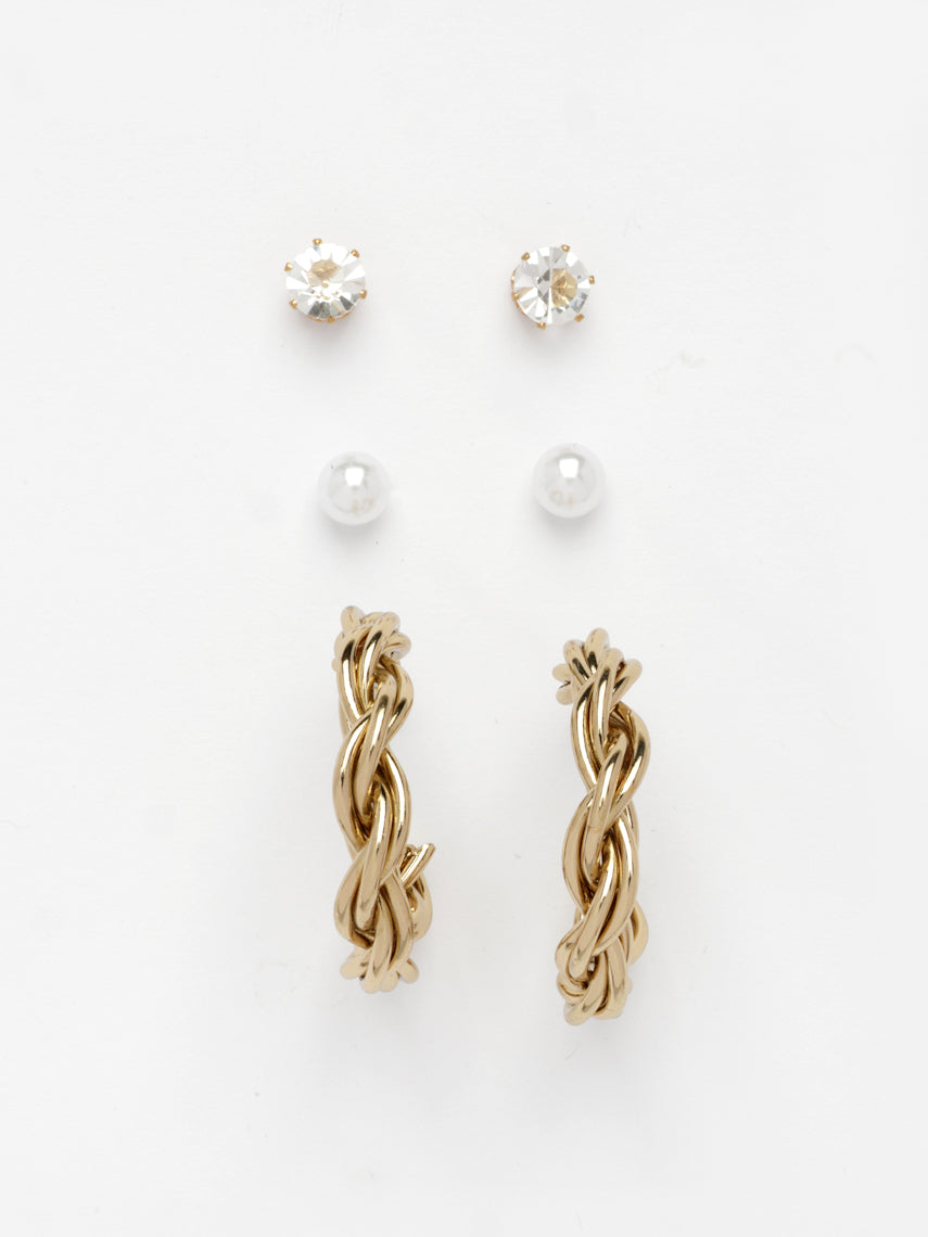 NVR Women's Set of 3 Gold-Polished Artificial Stones Half Hoop Earrings