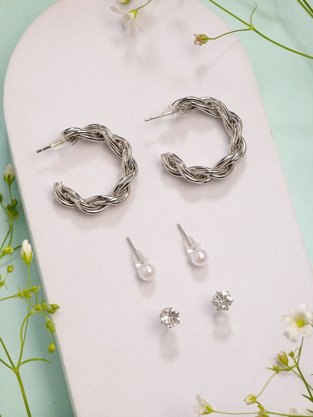 NVR Women's Set of 3 Silver-Plated Artificial Stones Half Hoop Earrings
