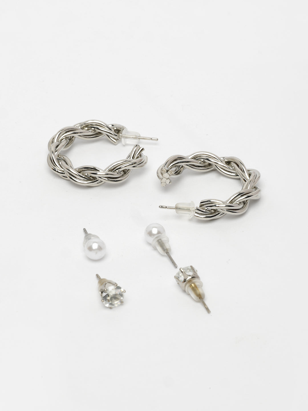 NVR Women's Set of 3 Silver-Plated Artificial Stones Half Hoop Earrings