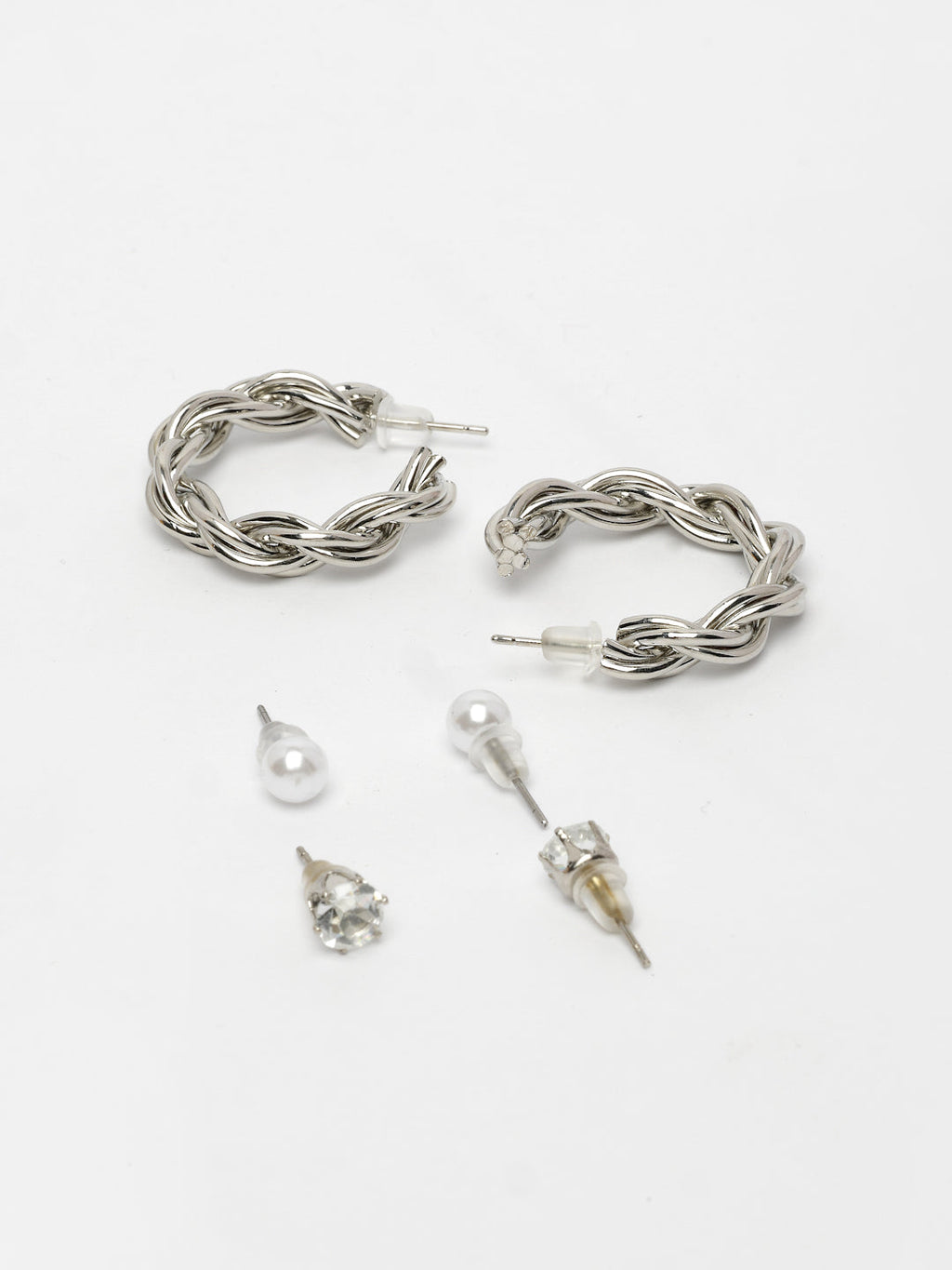 NVR Women's Set of 3 Silver-Plated Artificial Stones Half Hoop Earrings