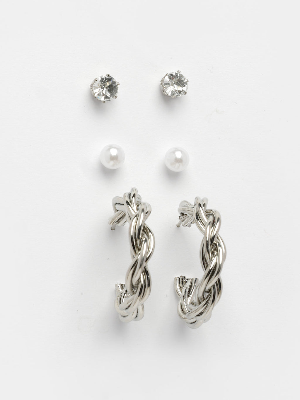 NVR Women's Set of 3 Silver-Plated Artificial Stones Half Hoop Earrings