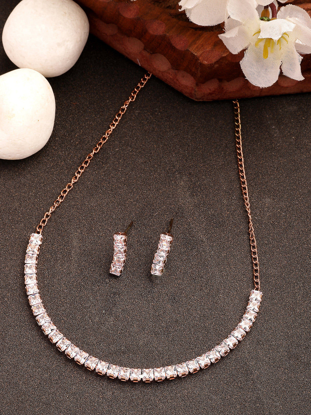 NVR Women's Rose Gold-Polished CZ-Studded Jewellery Set | Grocsy