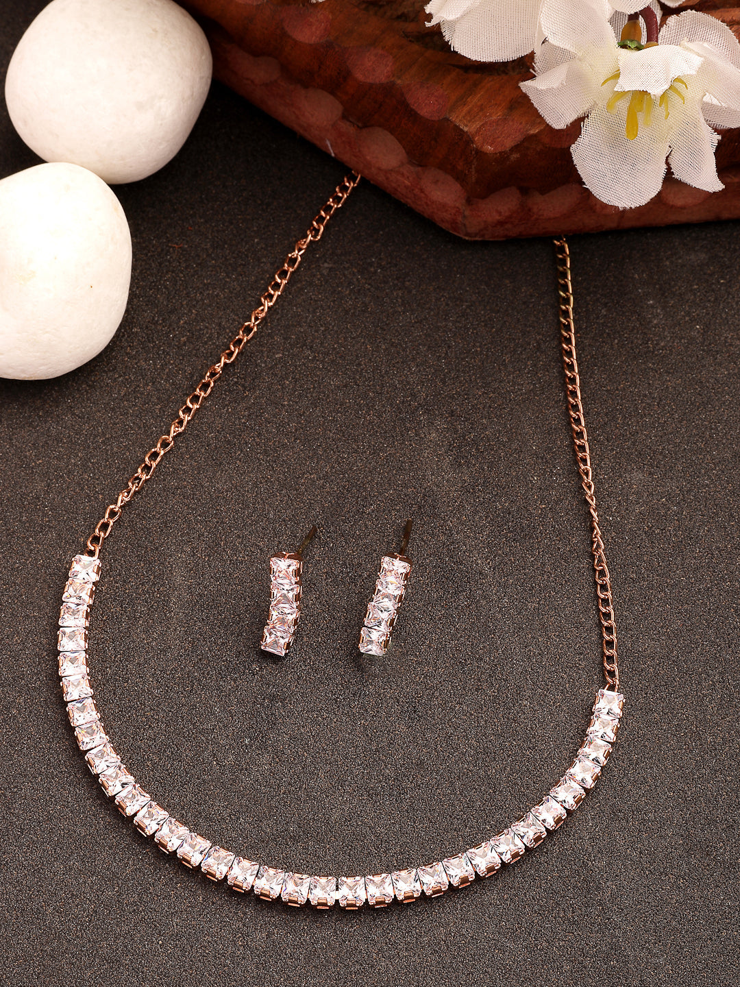 NVR Women's Rose Gold-Polished CZ-Studded Jewellery Set | Grocsy