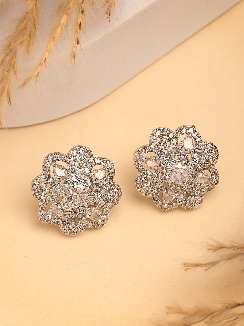 NVR Women's Silver-Plated AD- Studded Circular Shaped Studs Earring | Grocsy