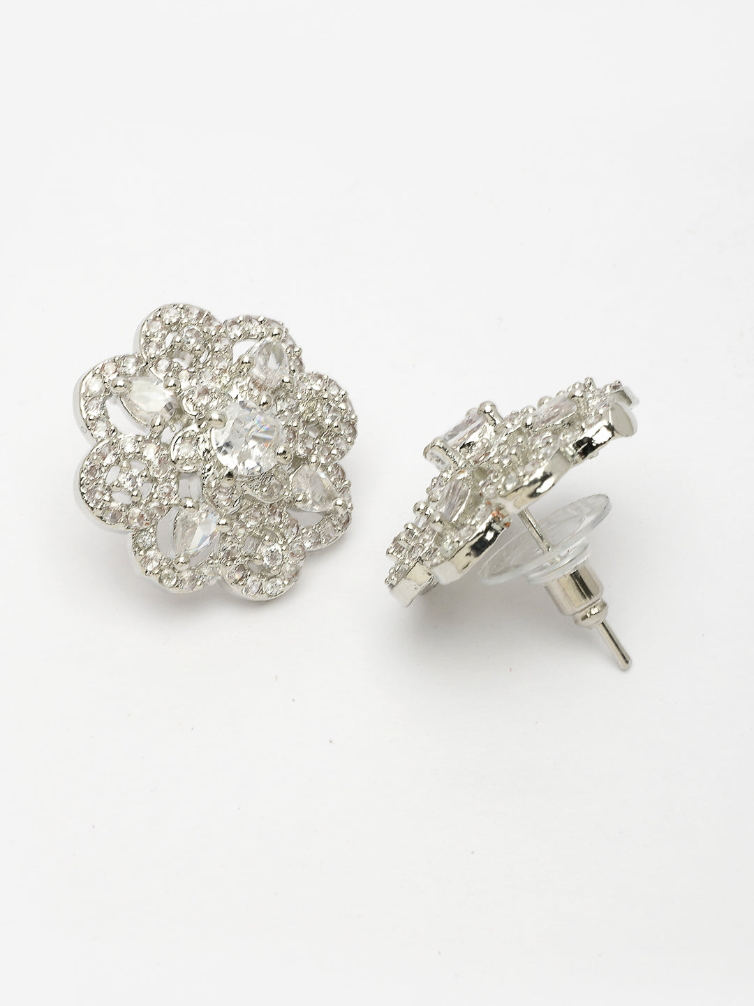 NVR Women's Silver-Plated AD- Studded Circular Shaped Studs Earring | Grocsy