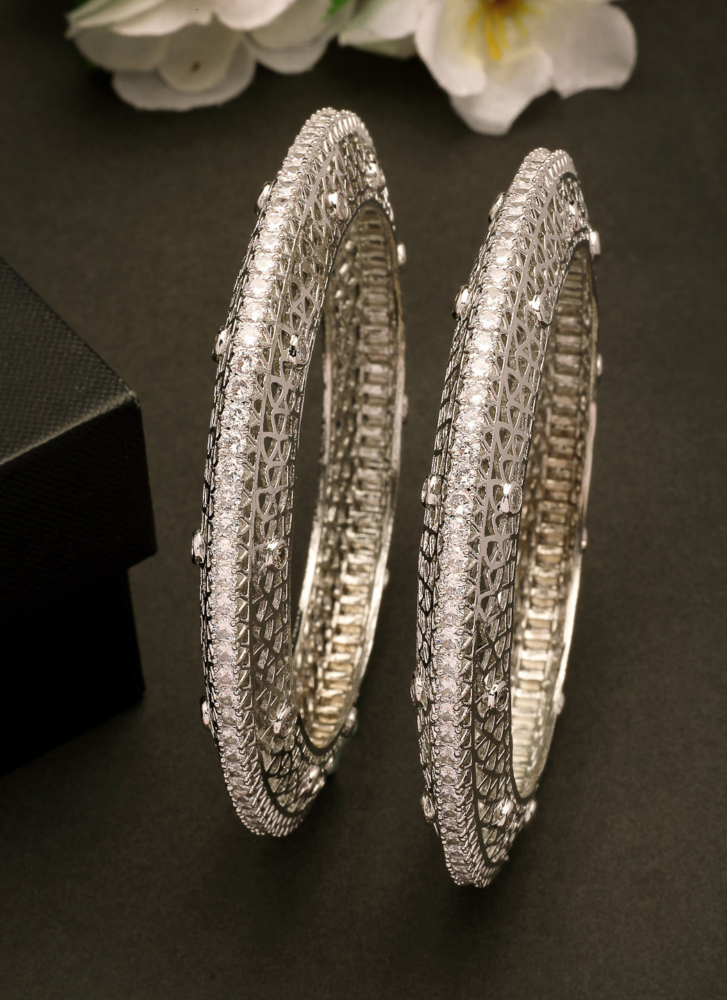 NVR Women's Set of 2 Silver-Plated American Diamond Studded Bangles | Grocsy