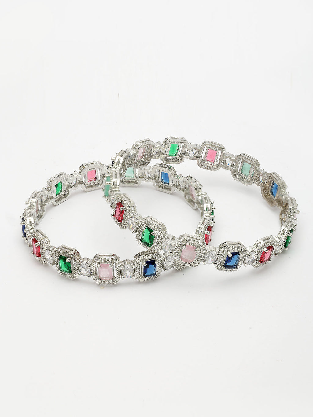 NVR Women's Set of 2 Multicolor Silver-Plated American Diamond Studded Bangles | Grocsy