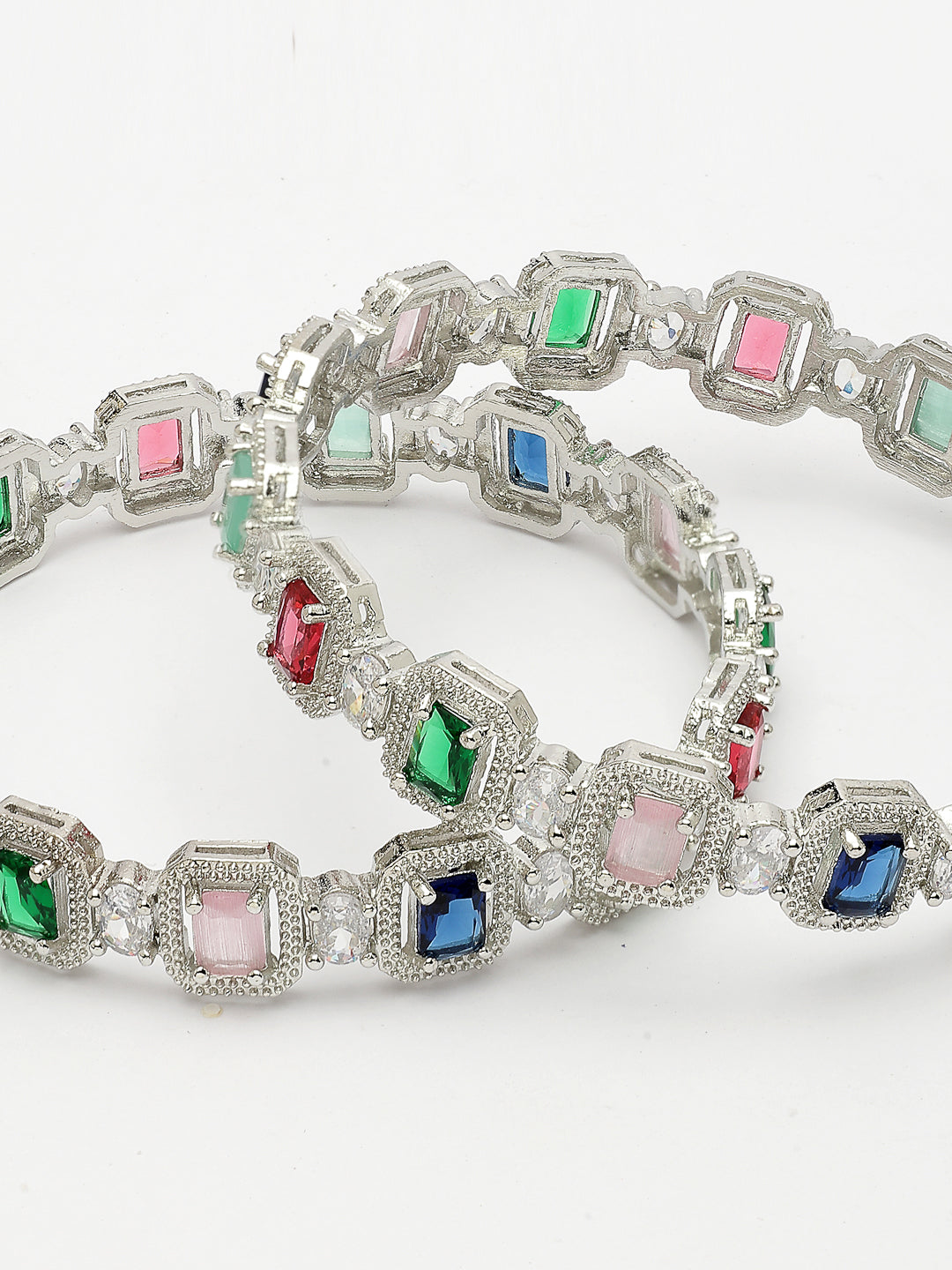 NVR Women's Set of 2 Multicolor Silver-Plated American Diamond Studded Bangles | Grocsy