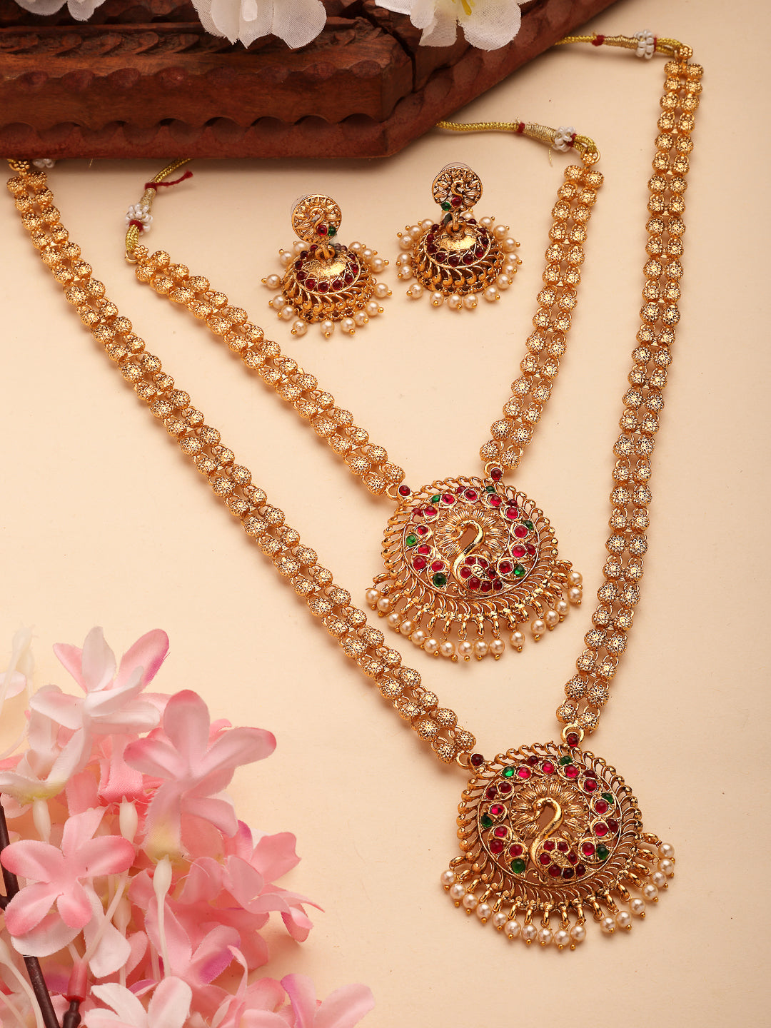 NVR Women's Set of 2 Gold-Polished Red & Green Stone Studded Peacock Design Temple Jewellery Set | Grocsy