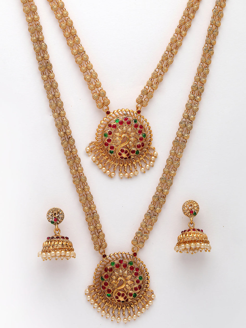 NVR Women's Set of 2 Gold-Polished Red & Green Stone Studded Peacock Design Temple Jewellery Set | Grocsy