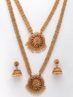 NVR Women's Set of 2 Gold-Polished Red & Green Stone Studded Peacock Design Temple Jewellery Set | Grocsy