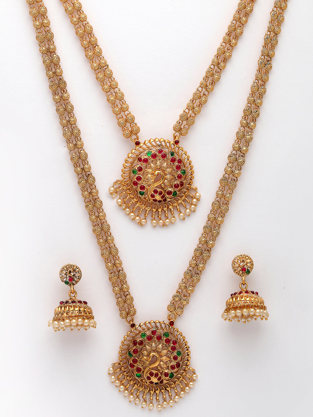 NVR Women's Set of 2 Gold-Polished Red & Green Stone Studded Peacock Design Temple Jewellery Set | Grocsy