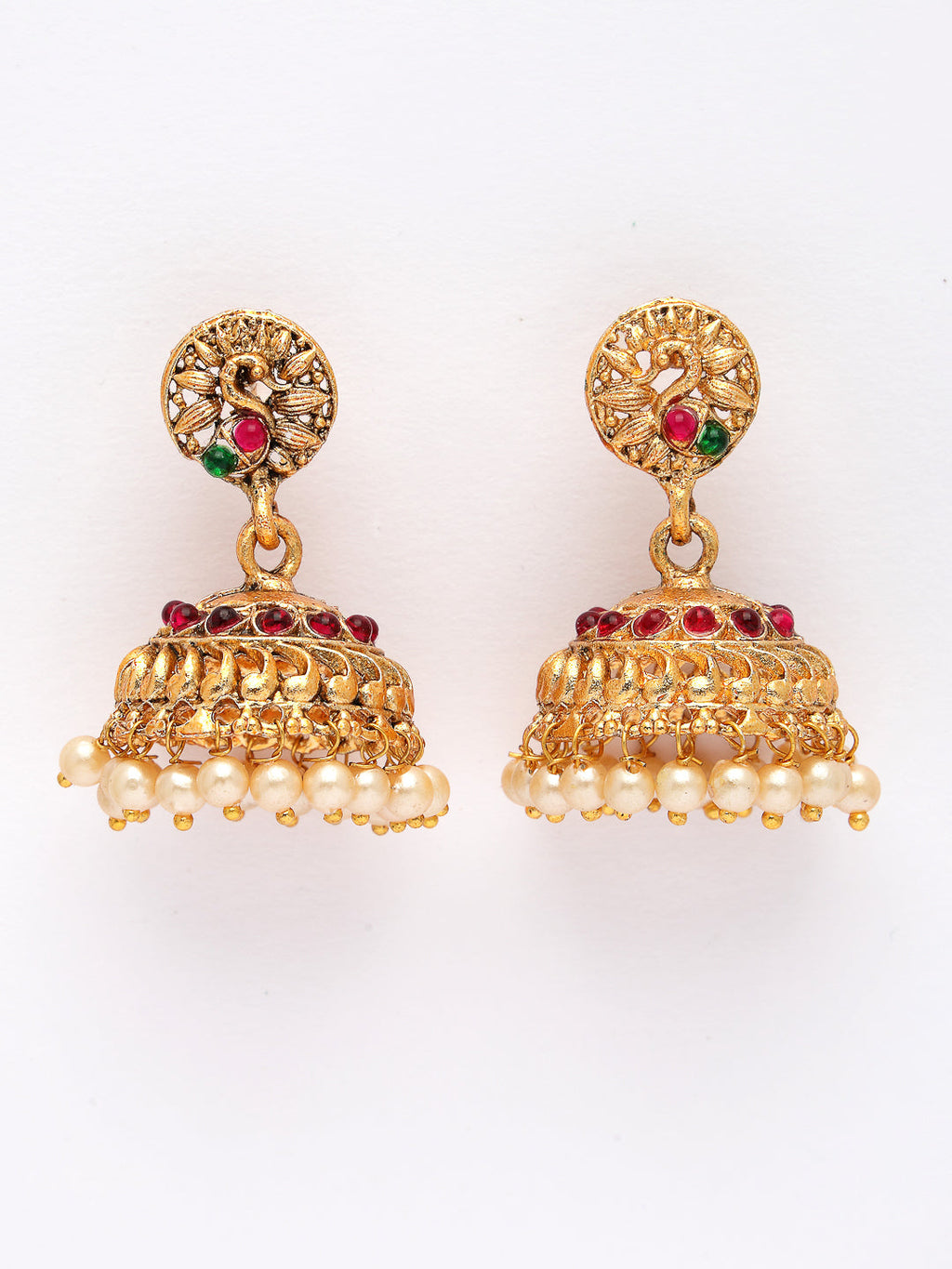 NVR Women's Set of 2 Gold-Polished Red & Green Stone Studded Peacock Design Temple Jewellery Set | Grocsy