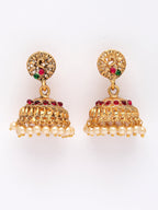 NVR Women's Set of 2 Gold-Polished Red & Green Stone Studded Peacock Design Temple Jewellery Set | Grocsy