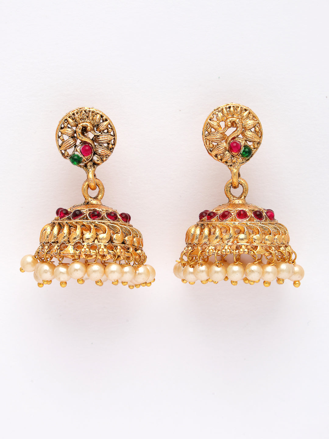 NVR Women's Set of 2 Gold-Polished Red & Green Stone Studded Peacock Design Temple Jewellery Set | Grocsy