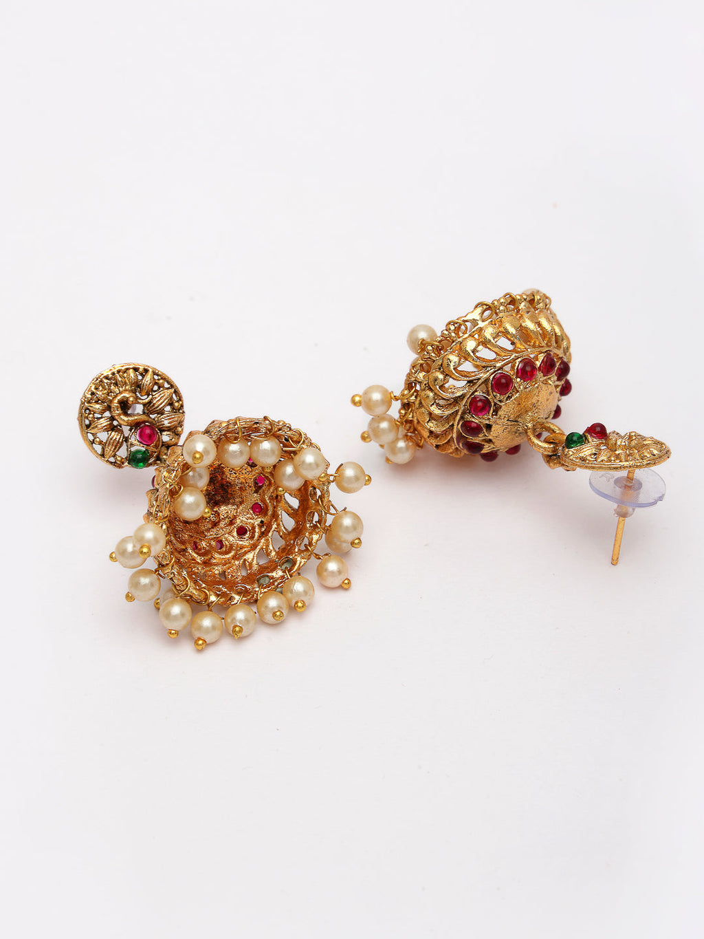 NVR Women's Set of 2 Gold-Polished Red & Green Stone Studded Peacock Design Temple Jewellery Set | Grocsy