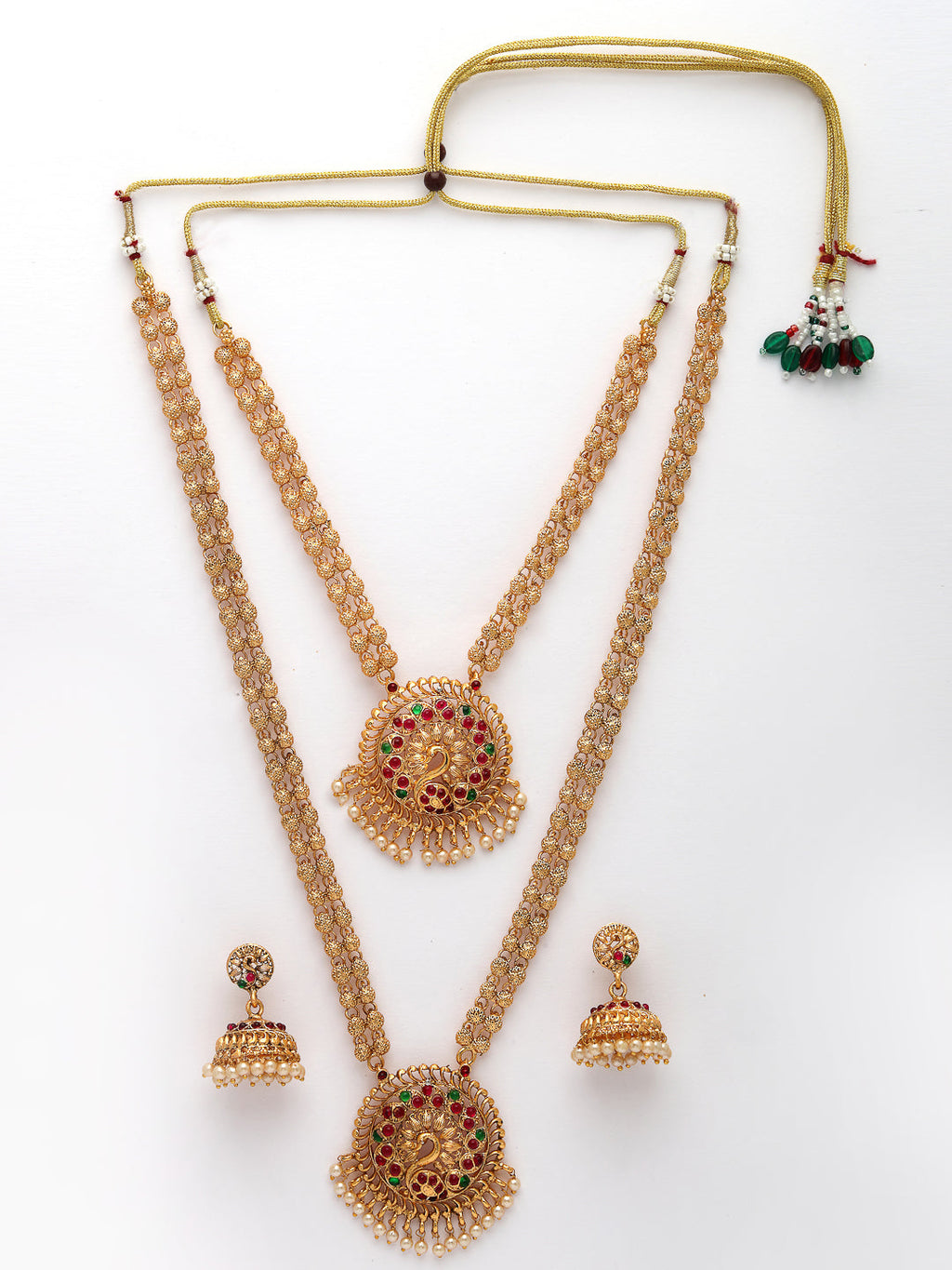 NVR Women's Set of 2 Gold-Polished Red & Green Stone Studded Peacock Design Temple Jewellery Set | Grocsy