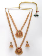NVR Women's Set of 2 Gold-Polished Red & Green Stone Studded Peacock Design Temple Jewellery Set | Grocsy