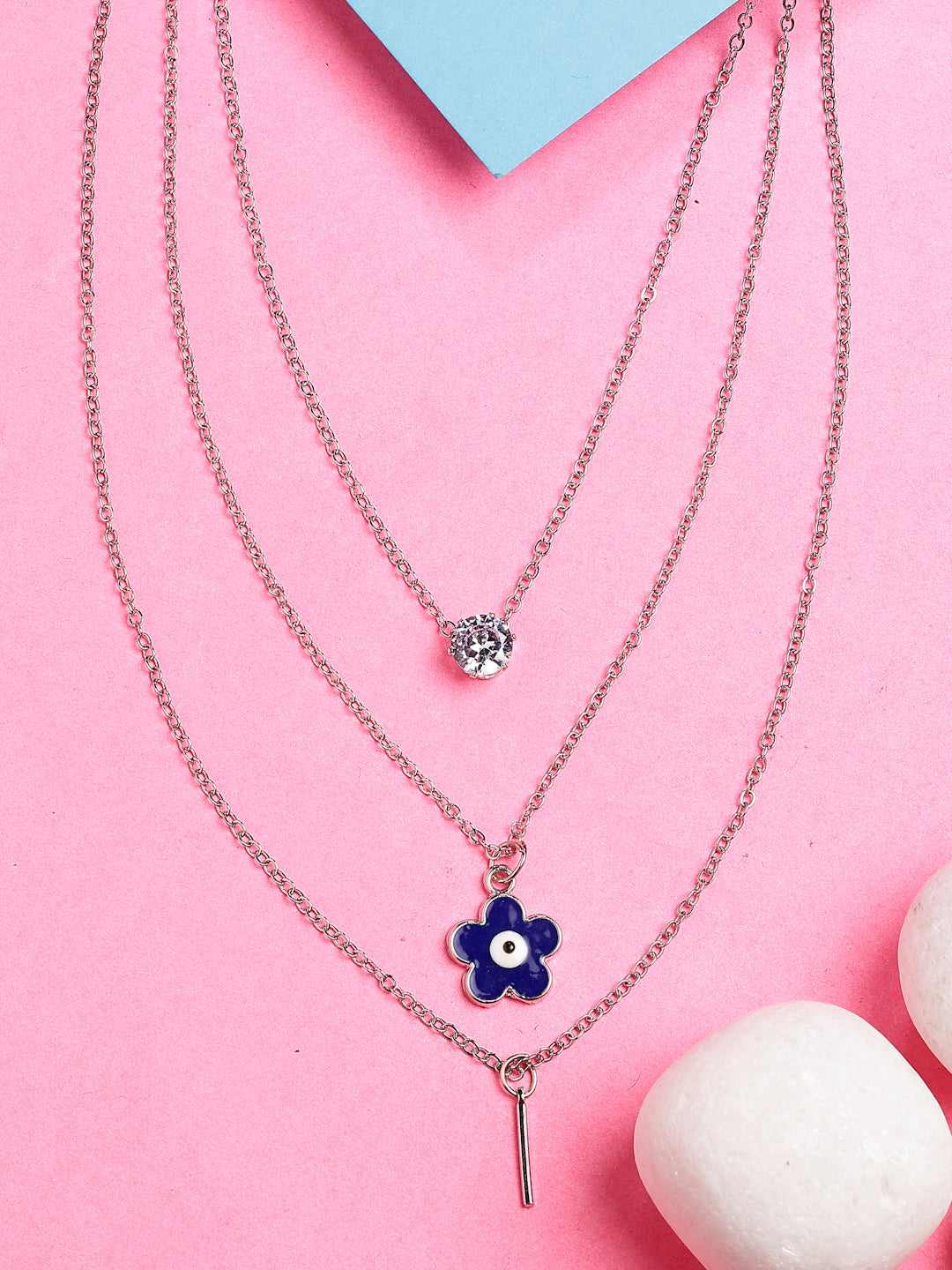NVR Women's Silver-Toned Artificial Stones Floral Layered Chain | Grocsy