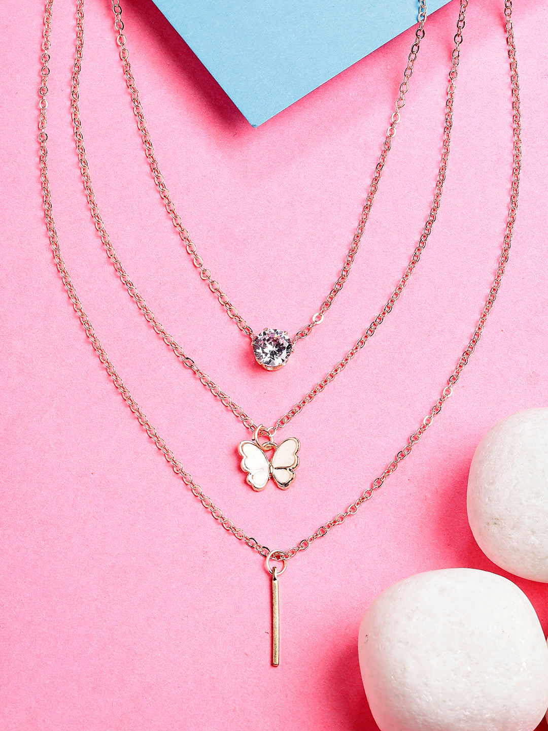NVR Women's Rose Gold-Polished Artificial Stones Butterfly-shaped Layered Chain | Grocsy