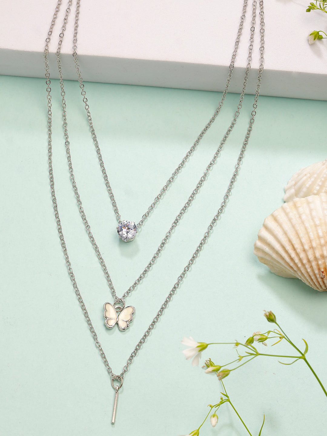 NVR Women's Silver-Toned Artificial Stones Butterfly-shaped Layered Chain | Grocsy