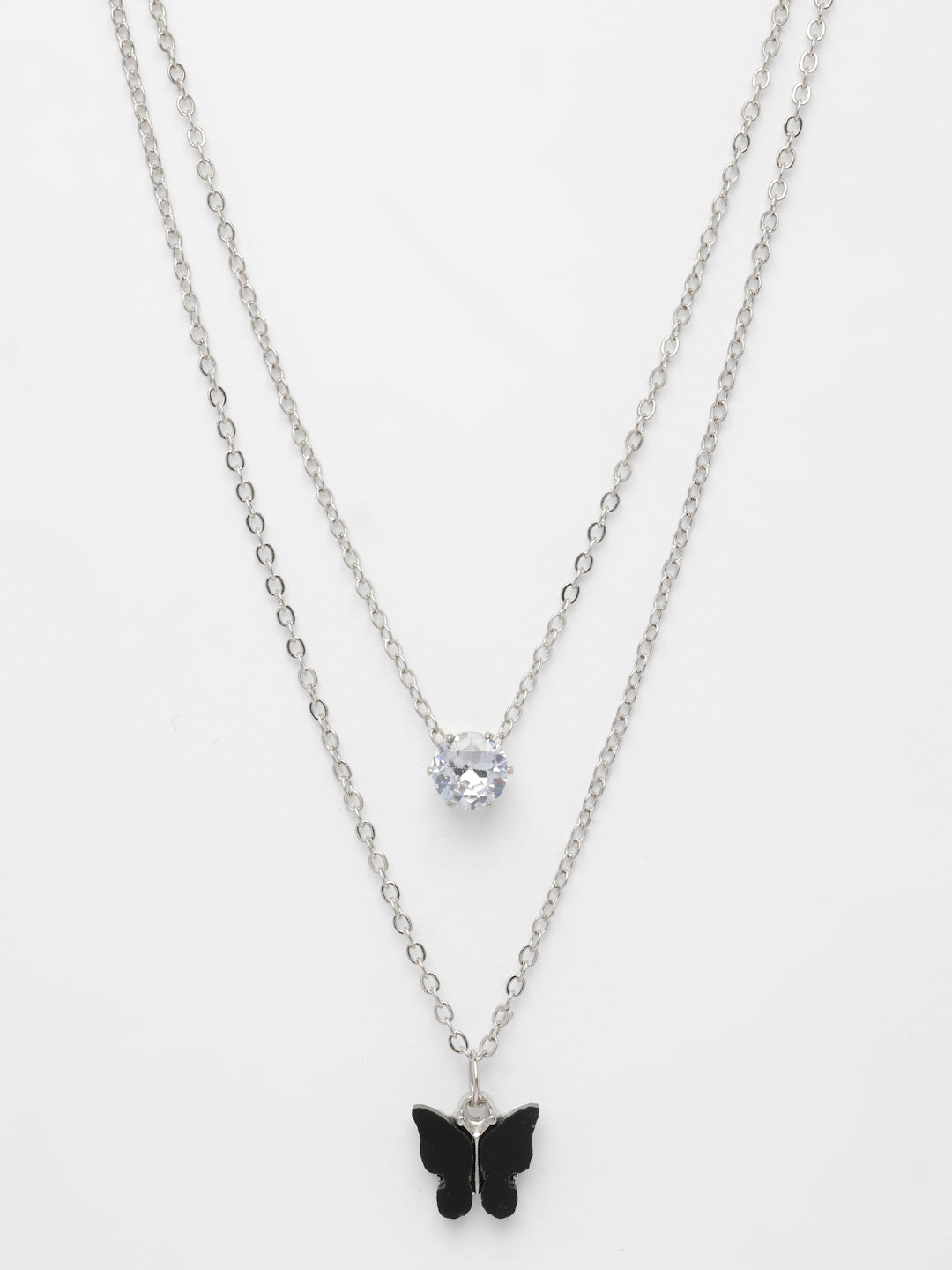 NVR Women's Silver-Toned Artificial Stones Butterfly-shaped Layered Chain | Grocsy