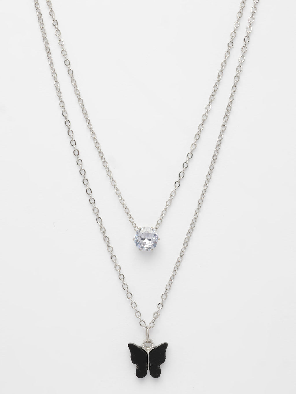 NVR Women's Silver-Toned Artificial Stones Butterfly-shaped Layered Chain | Grocsy