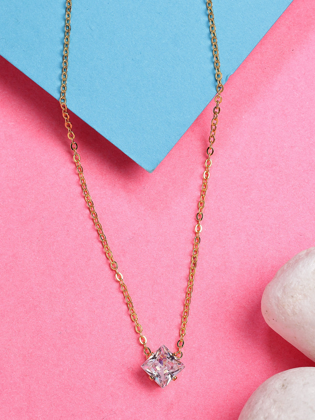 NVR Women's Gold-Polished Artificial Stones Pendant with Chain | Grocsy