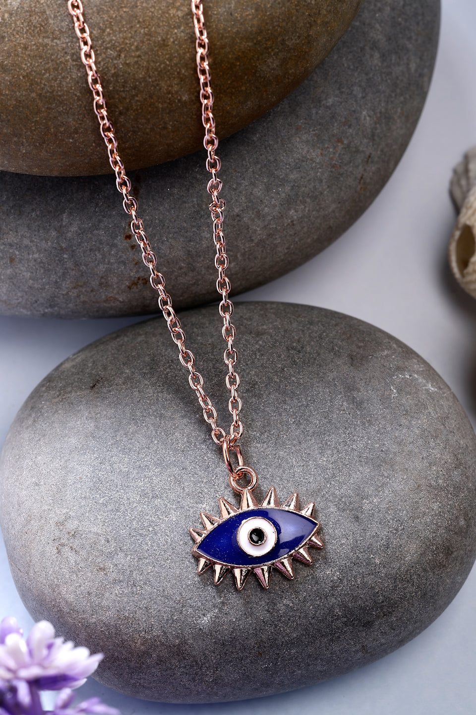 NVR Women's Rose Gold-Polished Chain With Evil Eye Pendant | Grocsy