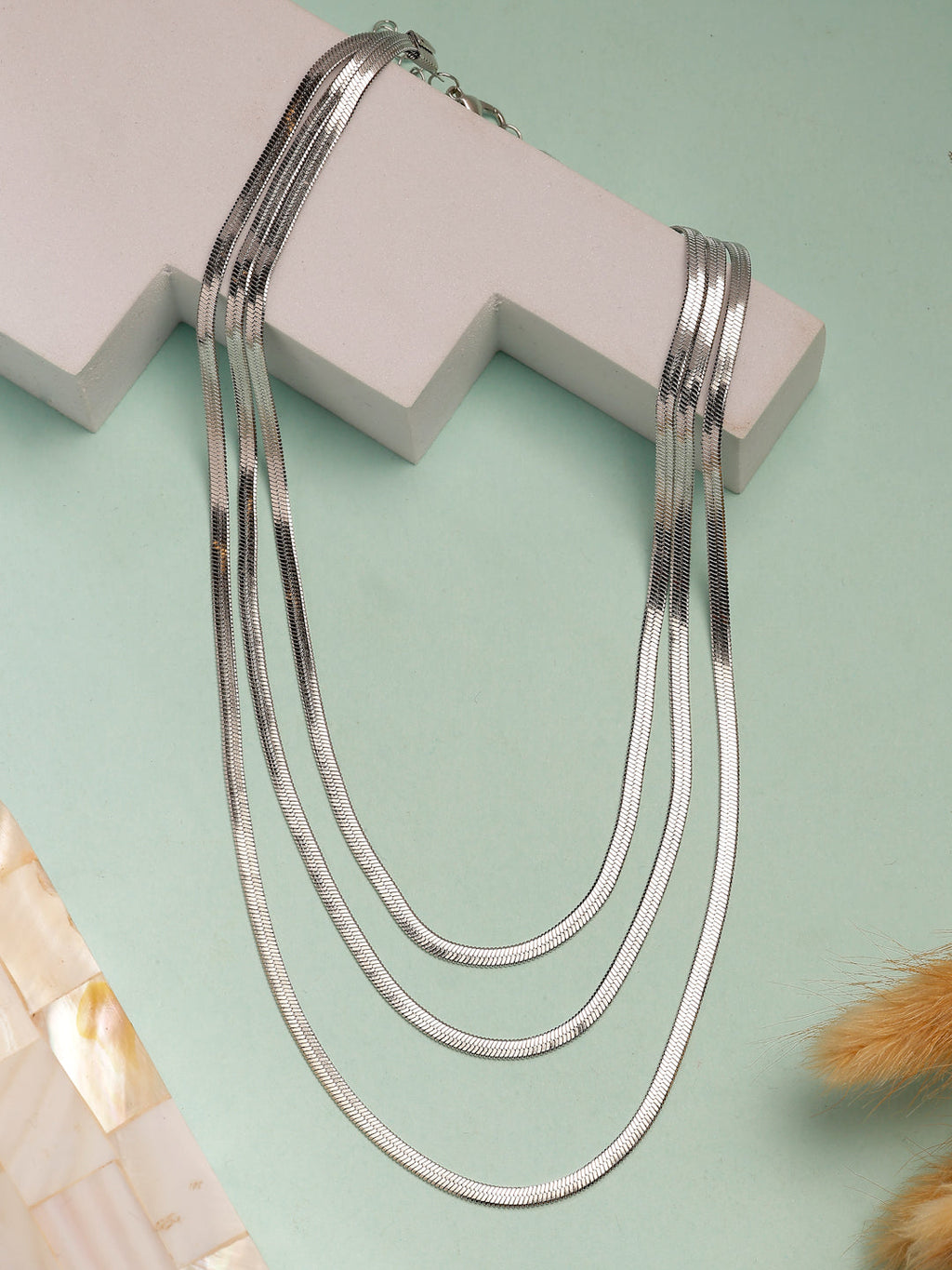 NVR Women's German Silver Plated Oxidised Minimal Layered Chain | Grocsy