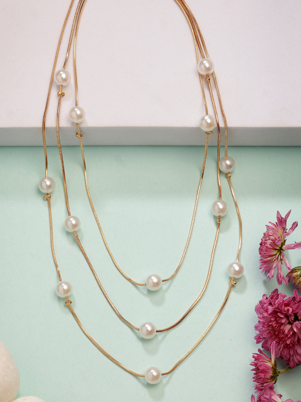 NVR Women's Gold-Polished White Pearls Party Layered Chain | Grocsy