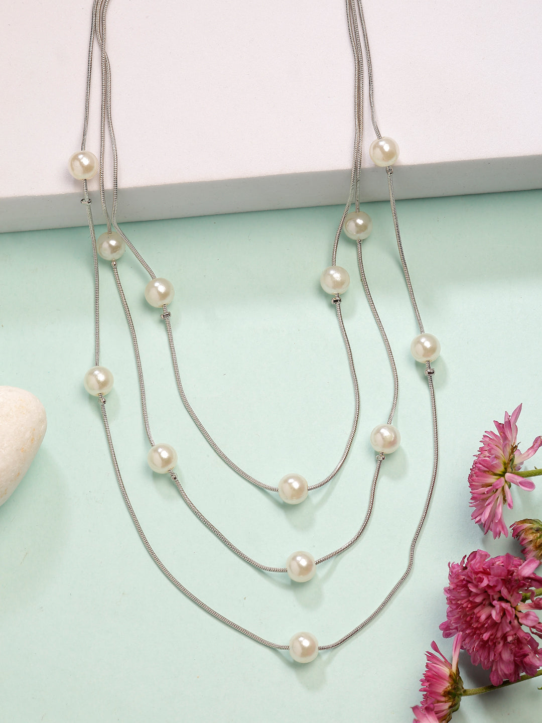 NVR Women's Silver-Plated White Pearls Party Layered Chain | Grocsy
