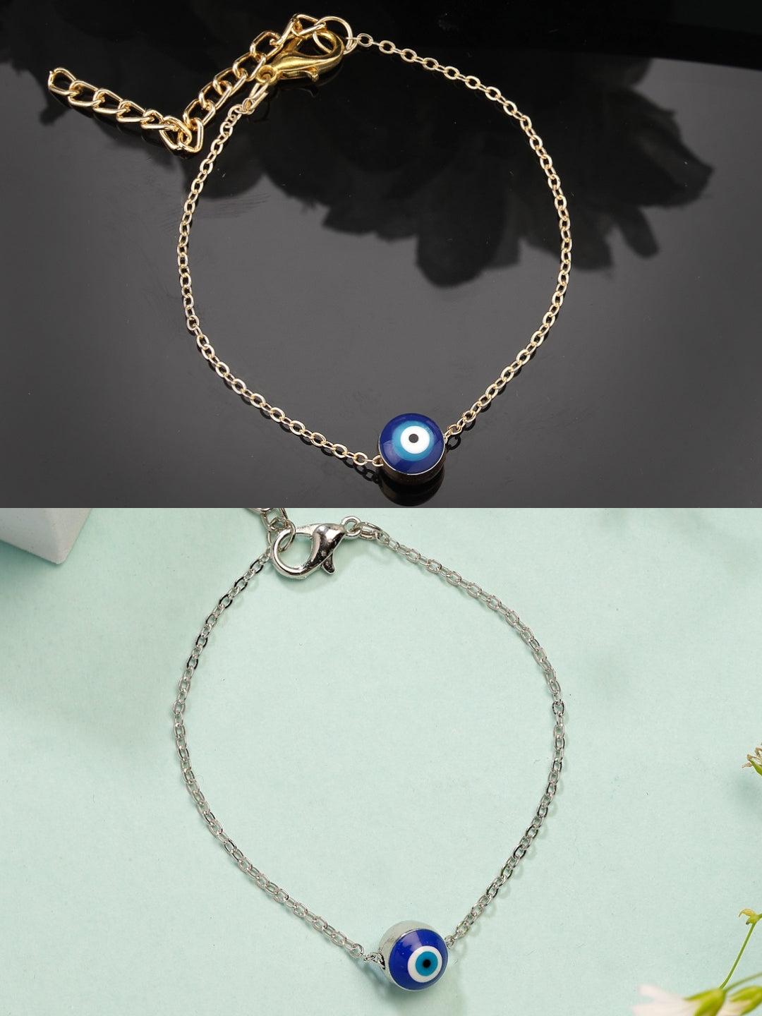NVR Women's Set of 2 Gold & Silver Polished Evil eye Link Bracelet | Grocsy
