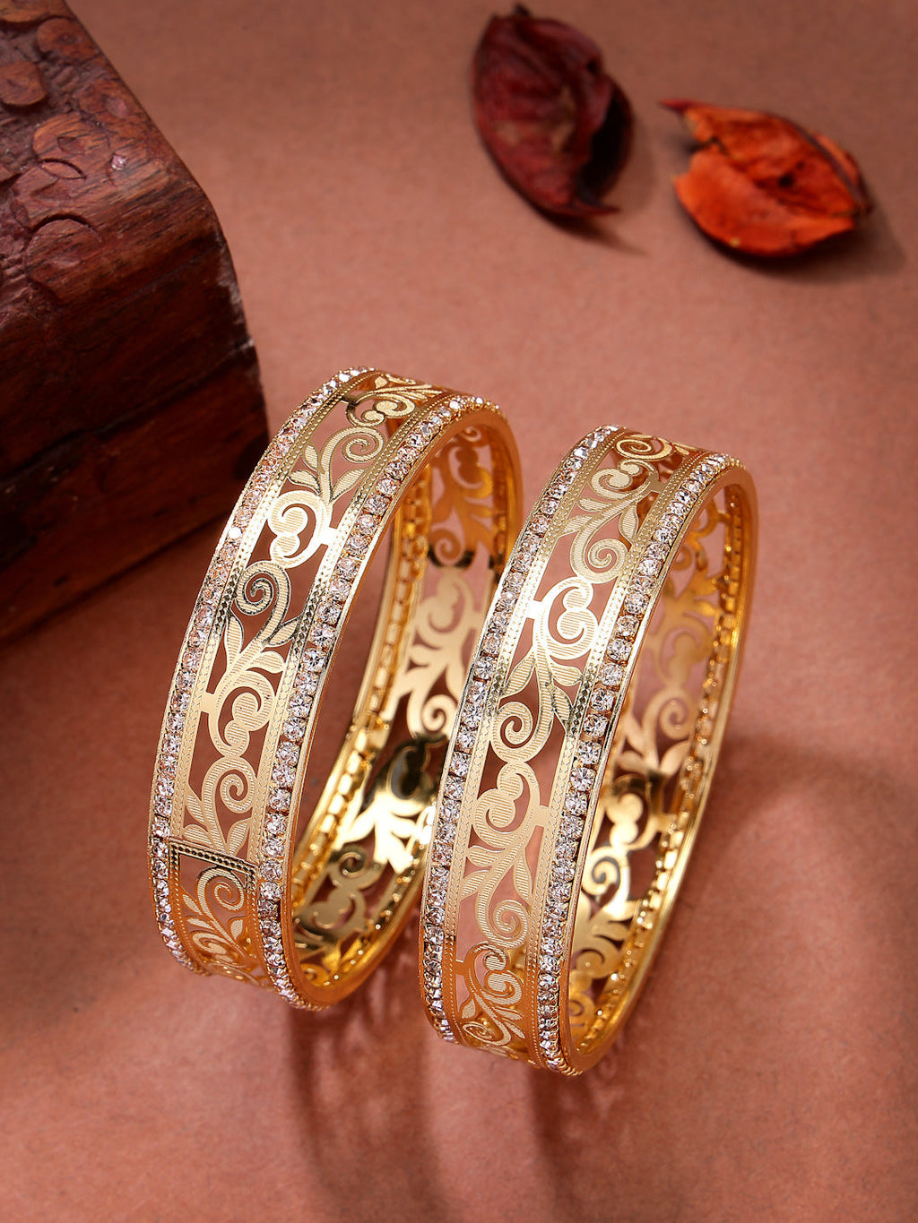 NVR Women's Set of 2 Gold-Polished Cubic Zirconia Stone Studded Kada Bangles