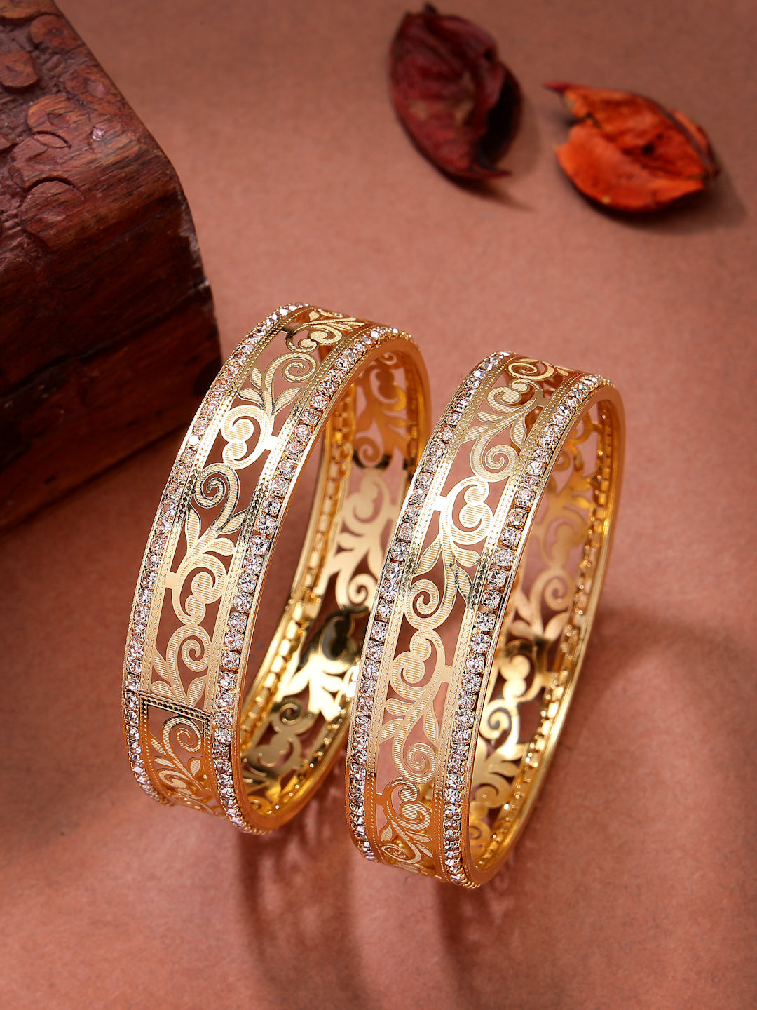 NVR Women's Set of 2 Gold-Polished Cubic Zirconia Stone Studded Kada Bangles