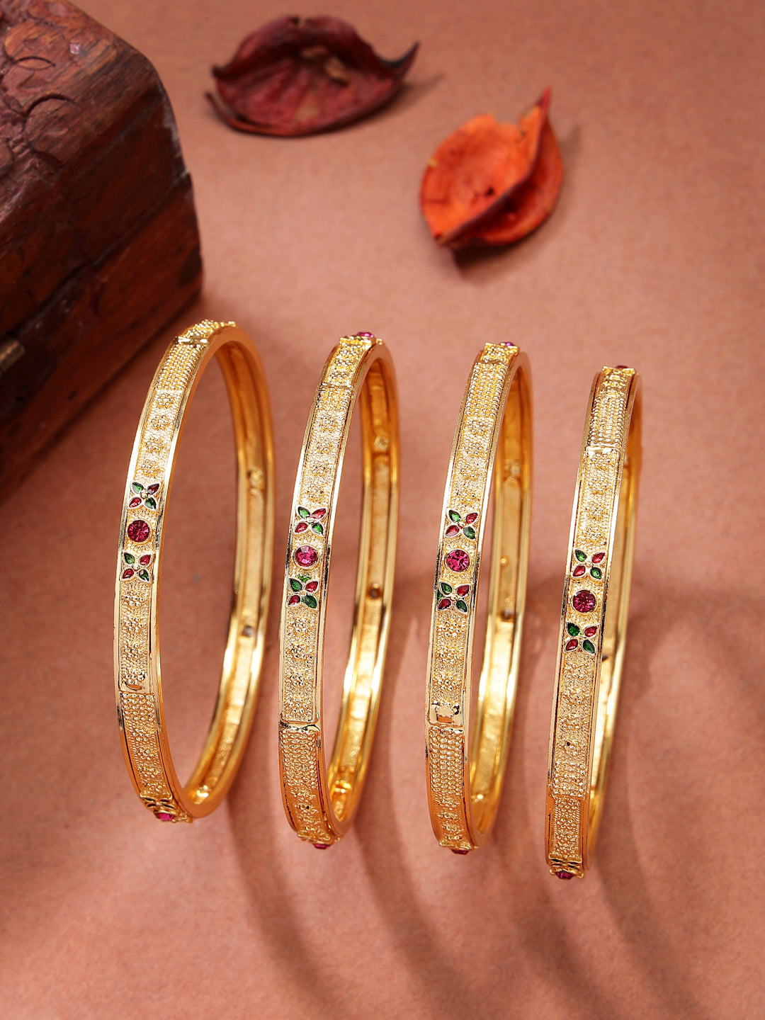 NVR Women's Set of 4 Gold-Polished Artificial Stones Traditional Bangles