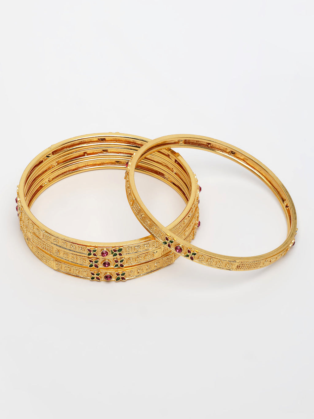 NVR Women's Set of 4 Gold-Polished Artificial Stones Traditional Bangles
