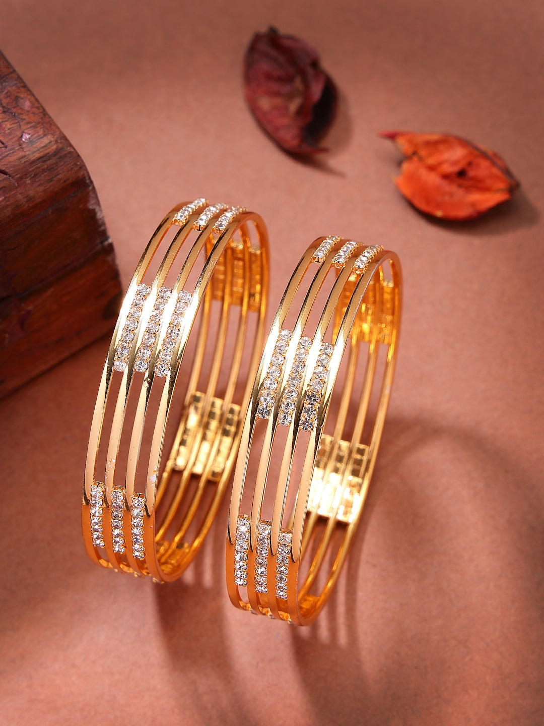 NVR Women's Set of 2 Gold-Polished Cubic Zirconia Stone Studded Bangles